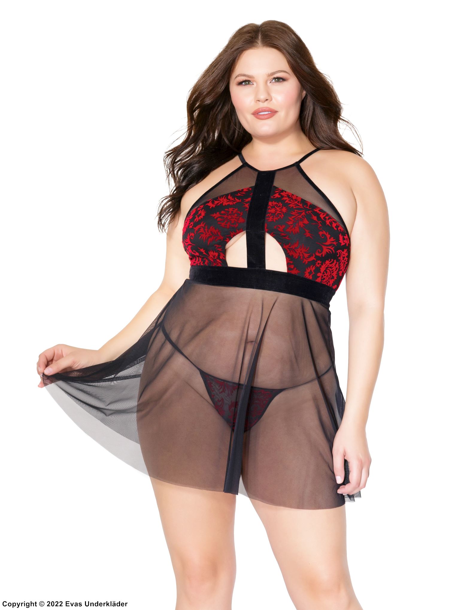 Romantisches Babydoll, Damast, Neckholder, transparente Einlagen, ausgeschnitten, Samt, Plus Size